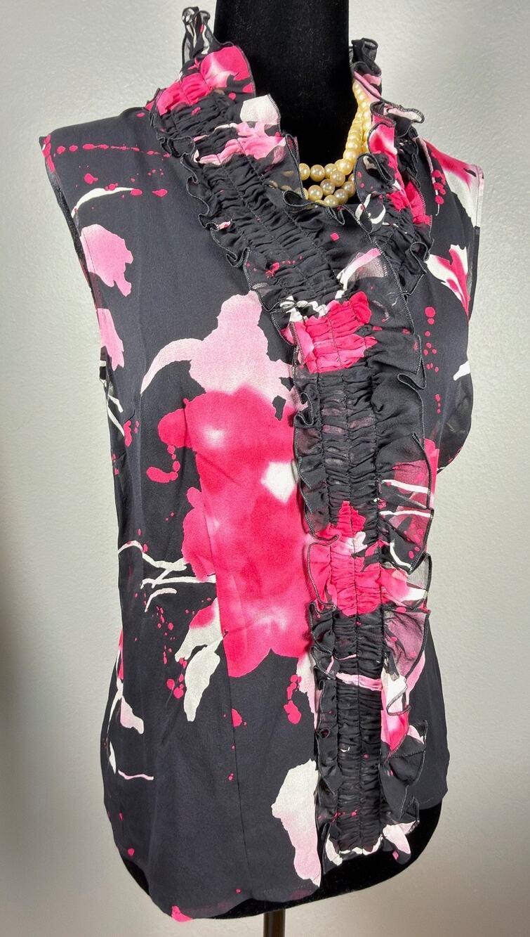 ESCADA Neiman Marcus Womens 34 Silk Blouse Sleeveless Ruffle Mock Neck Pink Blac
